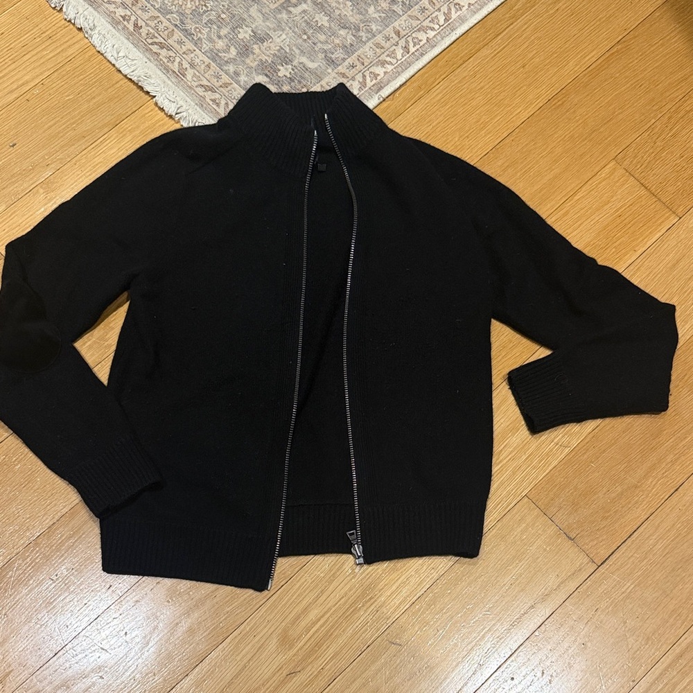 Prada Men's Black Zip-Up Sweater with leather patches